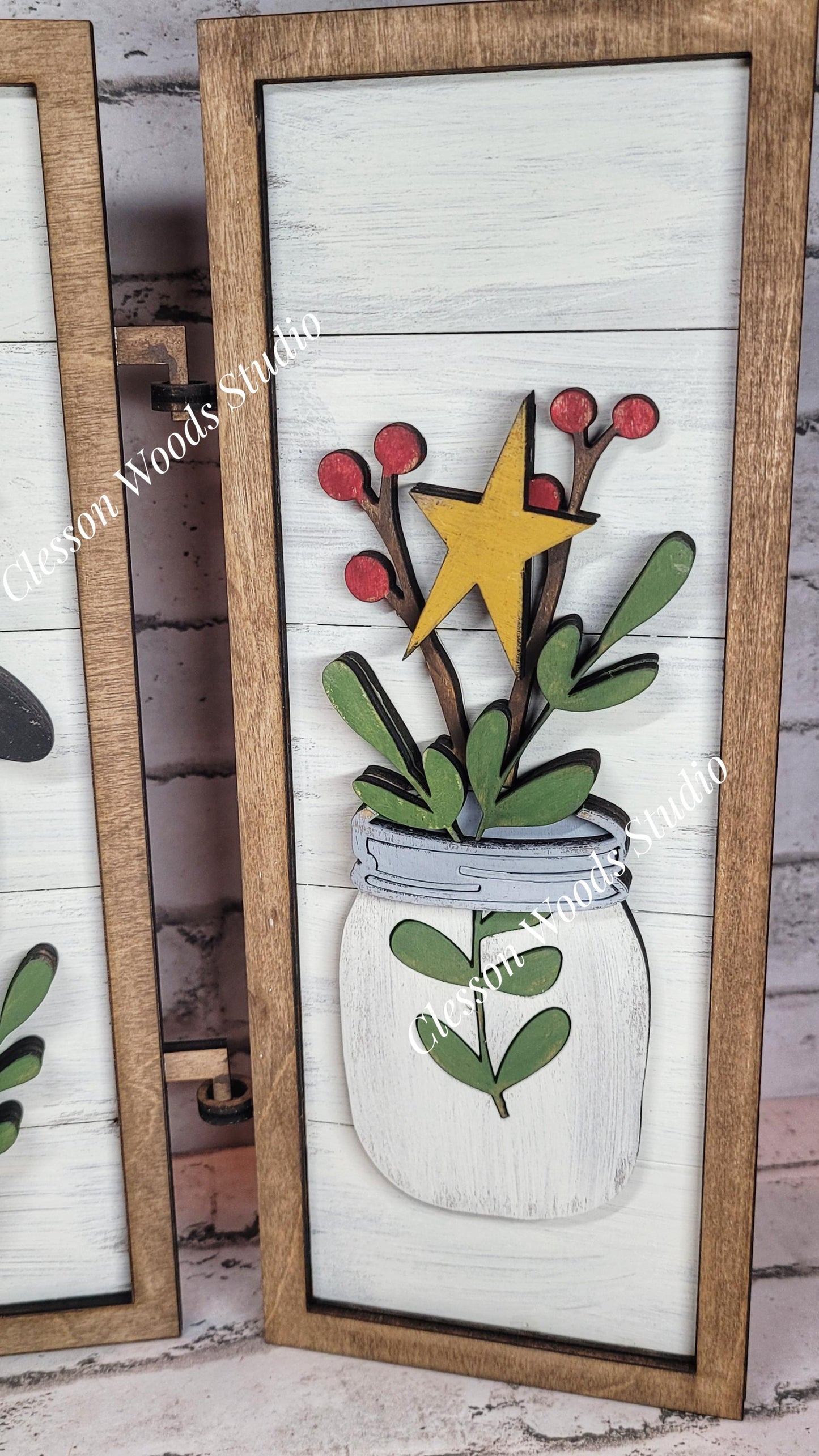 Primitive Sheep Mason Jars Hinged Wood Sign Trio