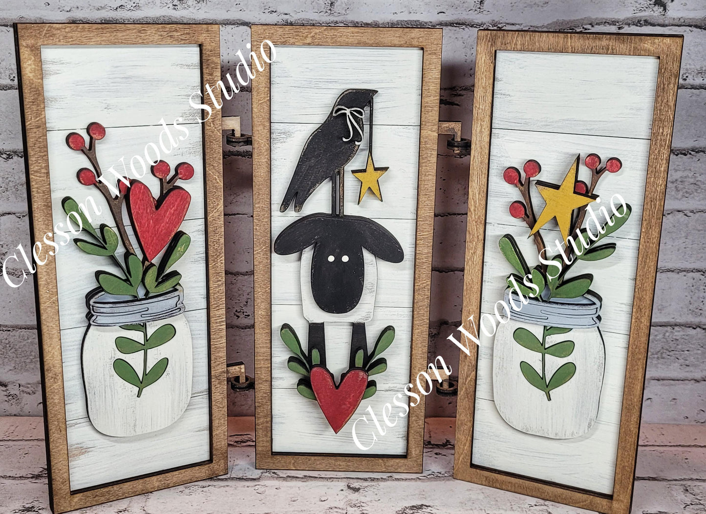 Primitive Sheep Mason Jars Hinged Wood Sign Trio