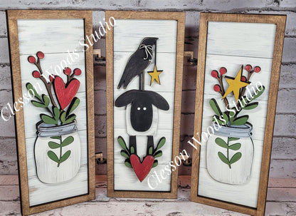 Primitive Sheep Mason Jars Hinged Wood Sign Trio