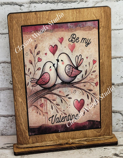 Valentine Love Birds Be My Valentine Wood Framed Art with Attached Stand