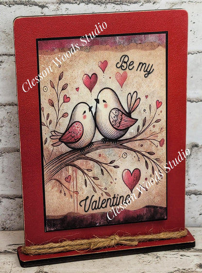 Valentine Love Birds Be My Valentine Wood Framed Art with Attached Stand