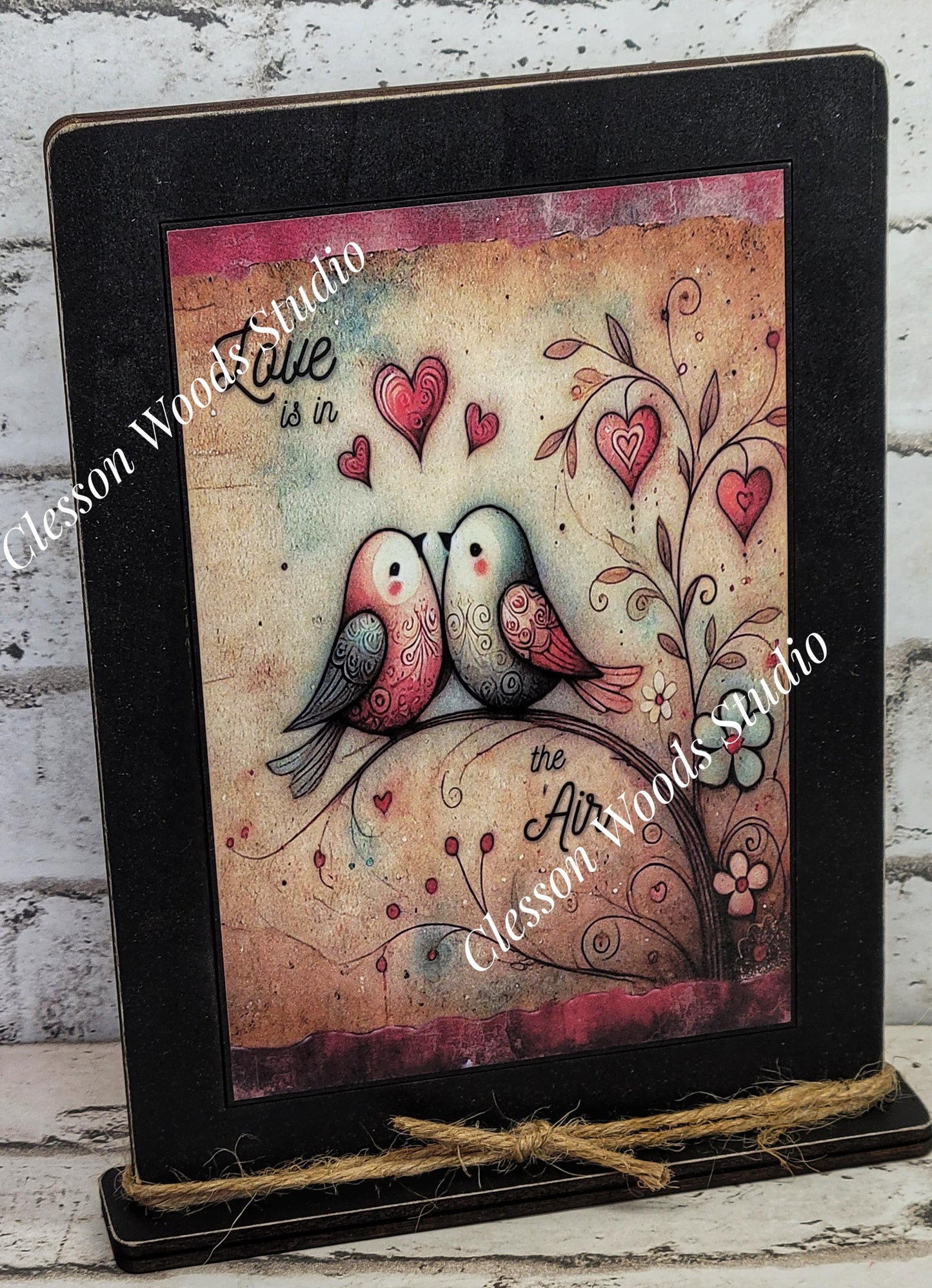 Valentine Love Birds Love Is In The Air Wood Framed Art with Attached Stand
