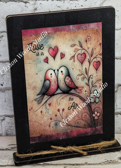 Valentine Love Birds Love Is In The Air Wood Framed Art with Attached Stand