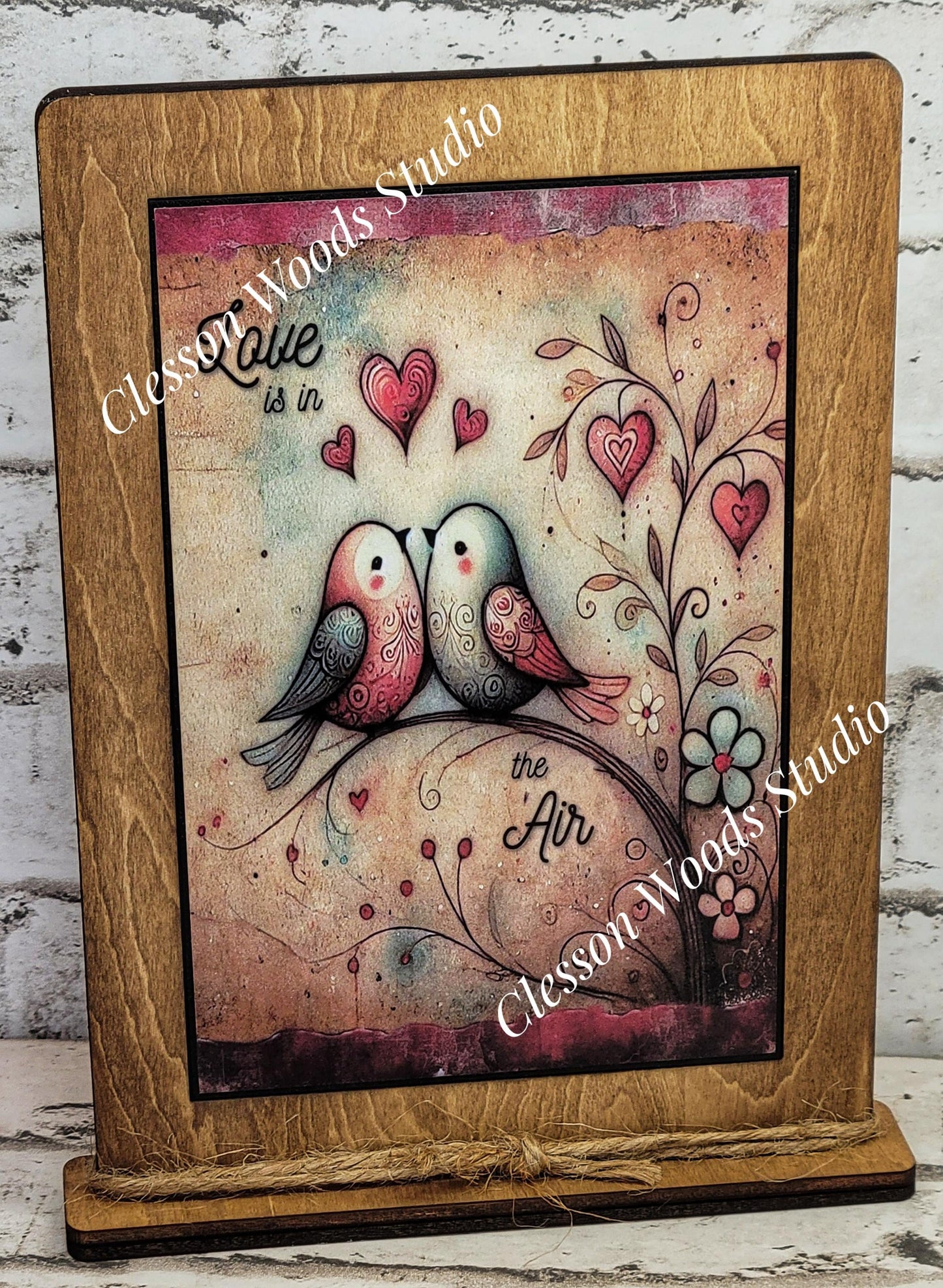 Valentine Love Birds Love Is In The Air Wood Framed Art with Attached Stand