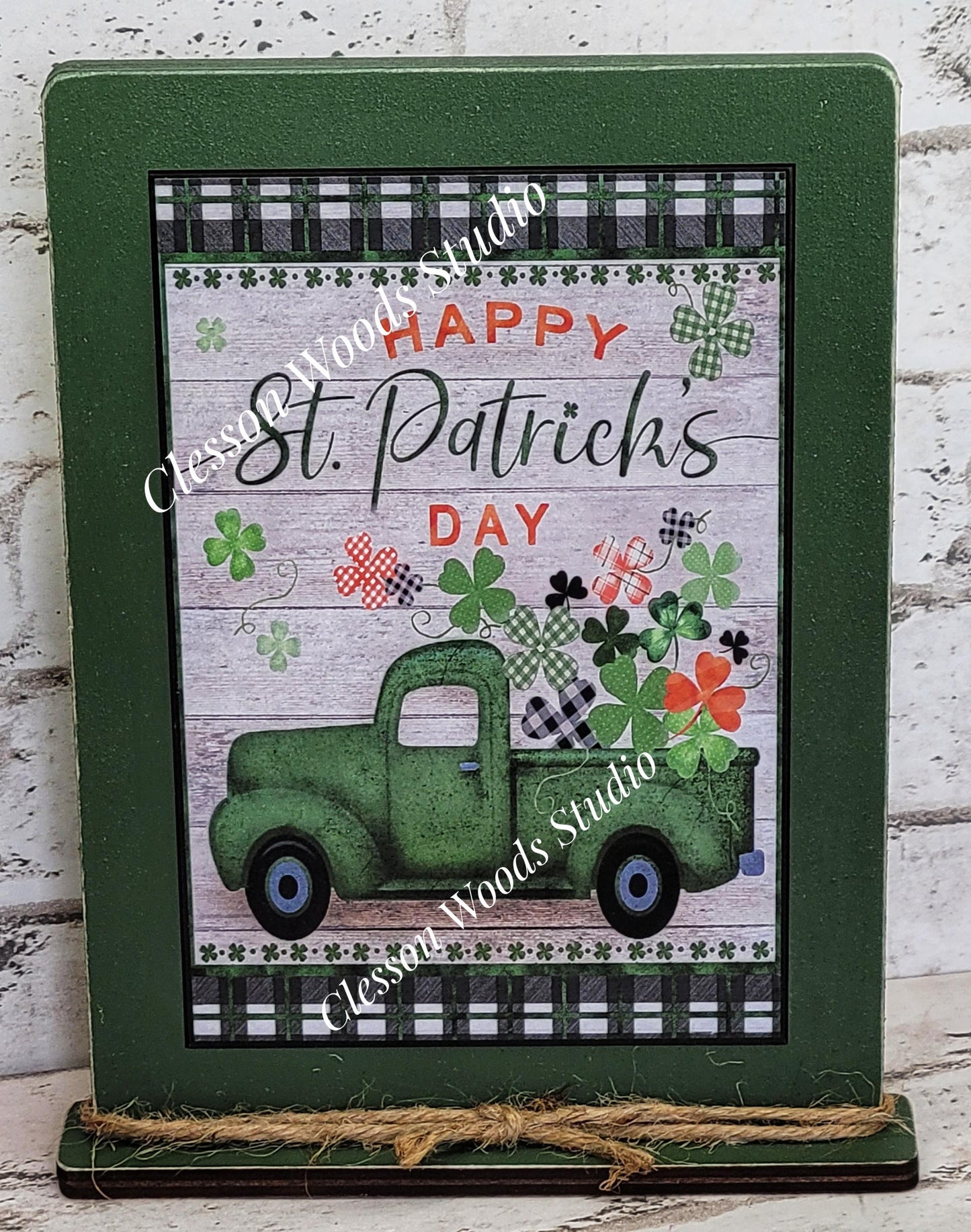St Patrick's Day Green Vintage Truck Framed Art with Attached Stand