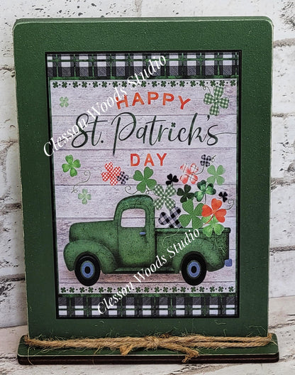 St Patrick's Day Green Vintage Truck Framed Art with Attached Stand
