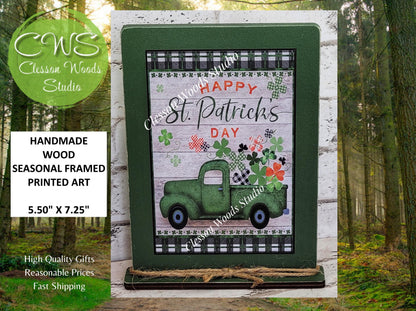 St Patrick's Day Green Vintage Truck Framed Art with Attached Stand
