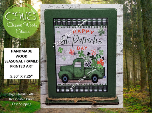 St Patrick's Day Green Vintage Truck Framed Art with Attached Stand