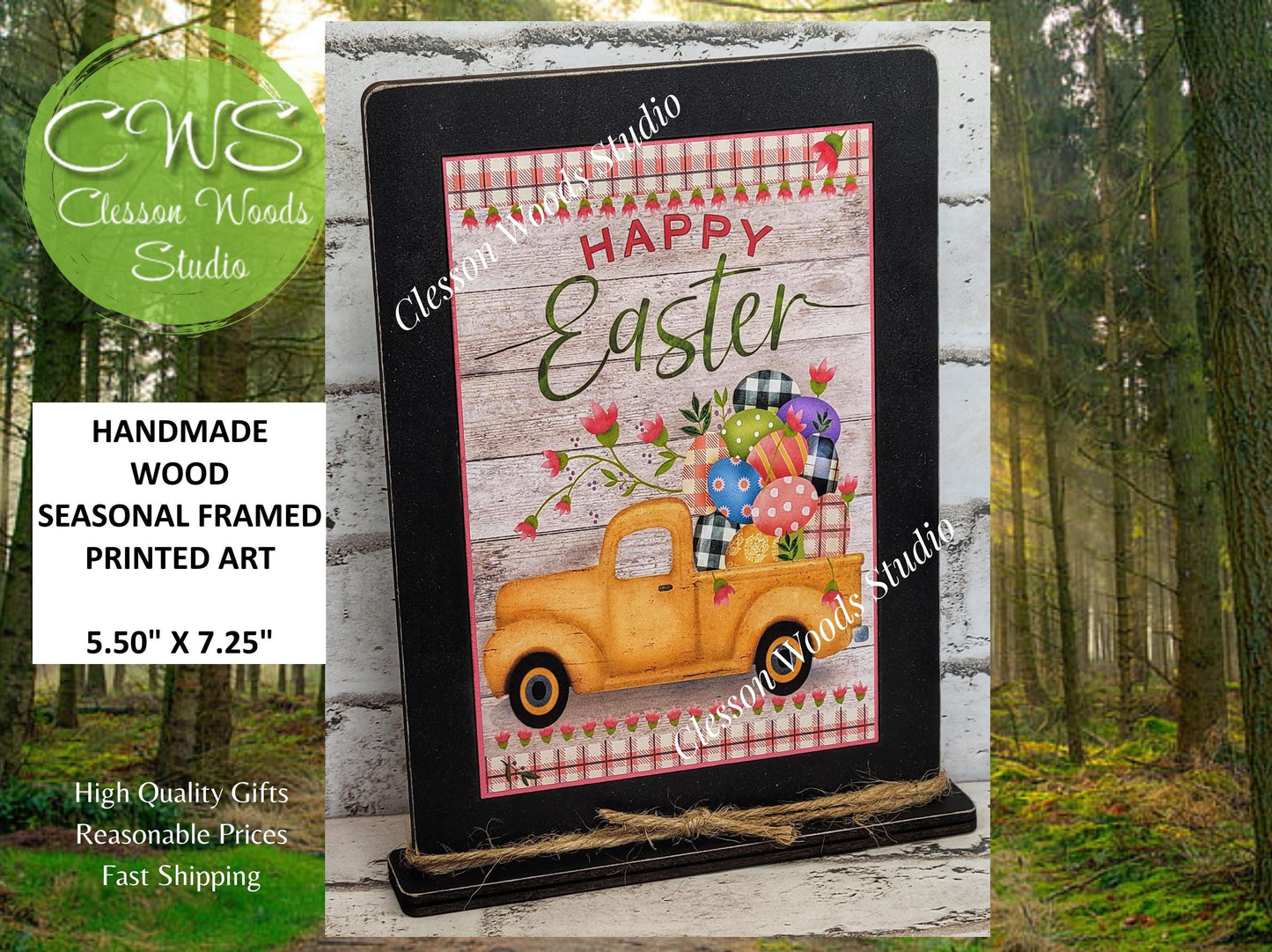 Happy Easter Yellow Truck Wood Framed Art with Attached Stand