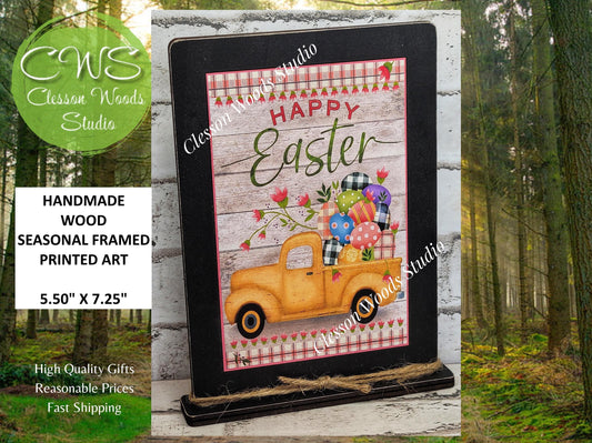 Happy Easter Yellow Truck Wood Framed Art with Attached Stand