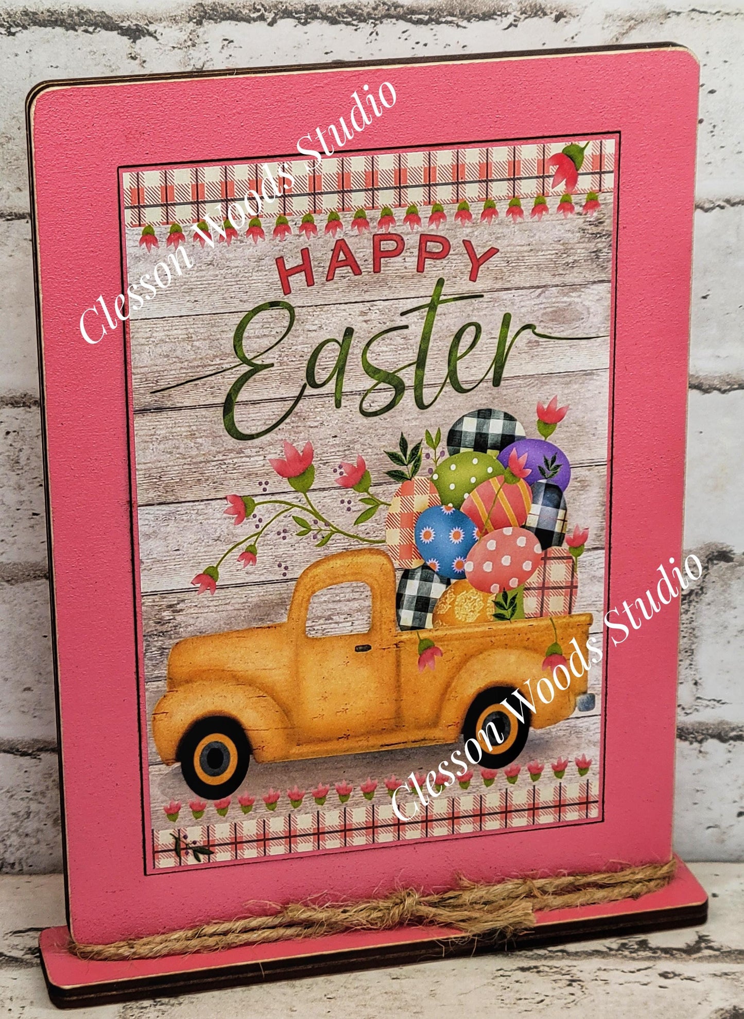Happy Easter Yellow Truck Wood Framed Art with Attached Stand