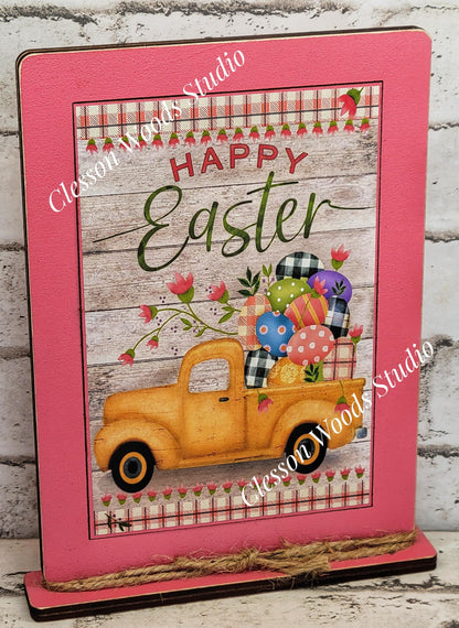 Happy Easter Yellow Truck Wood Framed Art with Attached Stand