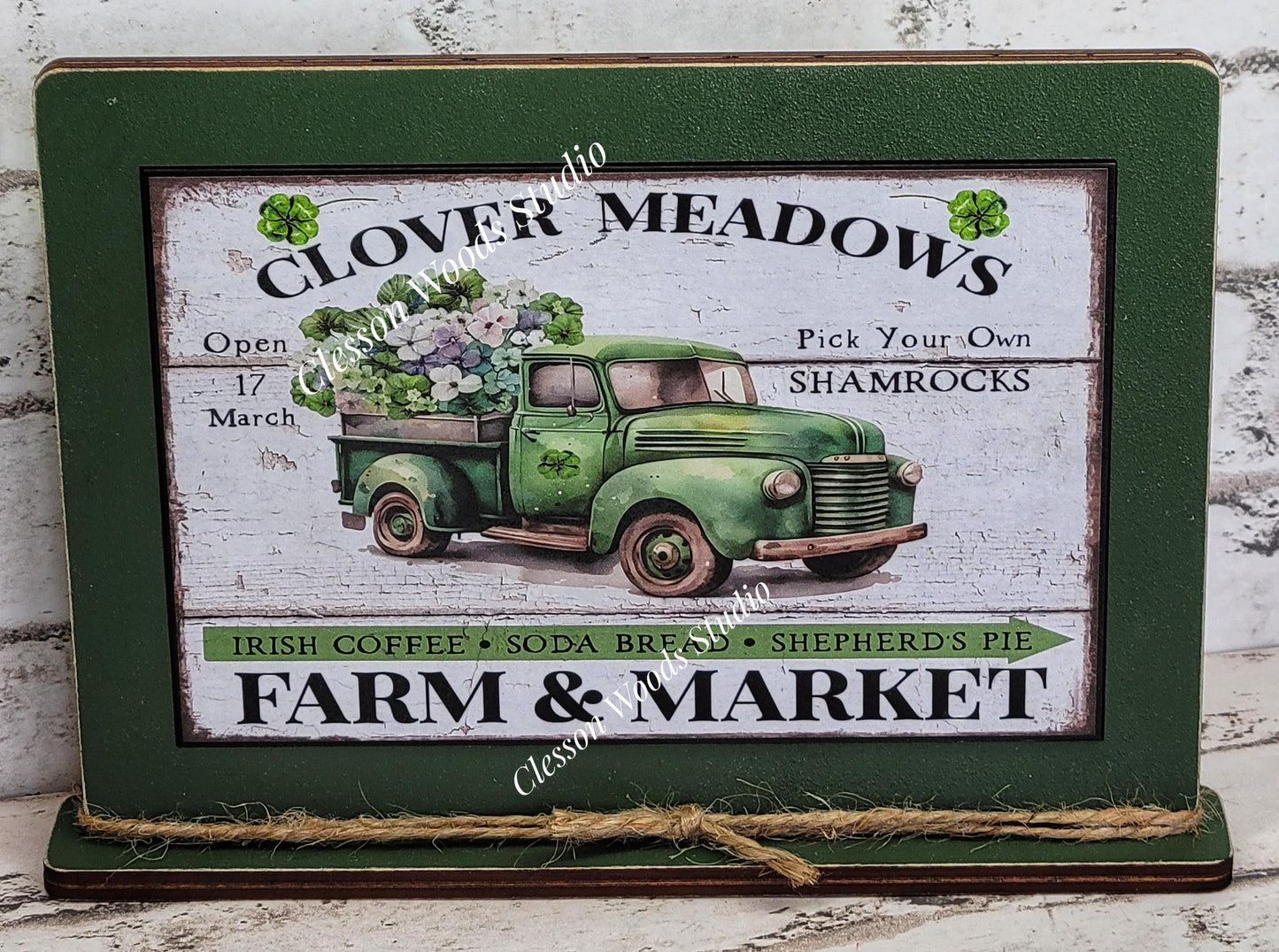 St Patrick's Day Clover Meadows Green Truck Framed Art with Attached Stand