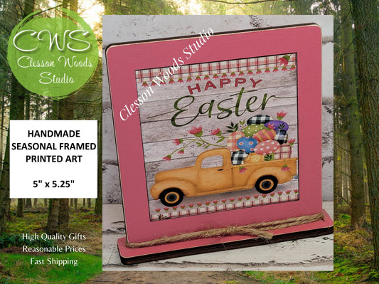 Happy Easter Yellow Truck Framed Art Wood Sign