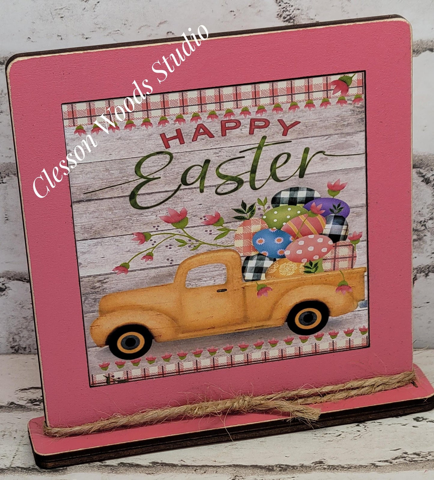 Happy Easter Yellow Truck Framed Art Wood Sign