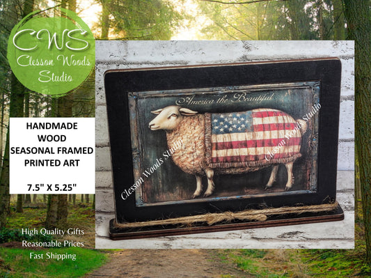 Primitive America Sheep Framed Art, Rustic Patriotic Decor