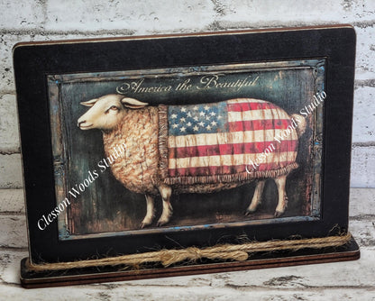 Primitive America Sheep Framed Art, Rustic Patriotic Decor