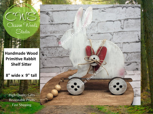 Primitive Rustic Rabbit Faux Pull Toy Wood Shelf Sitter