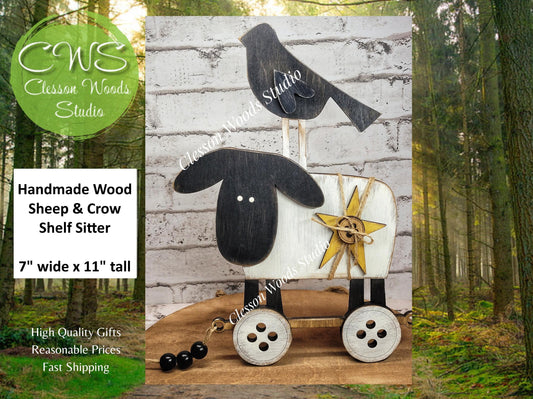 Primitive Rustic Sheep & Crow Faux Pull Toy Wood Shelf Sitter
