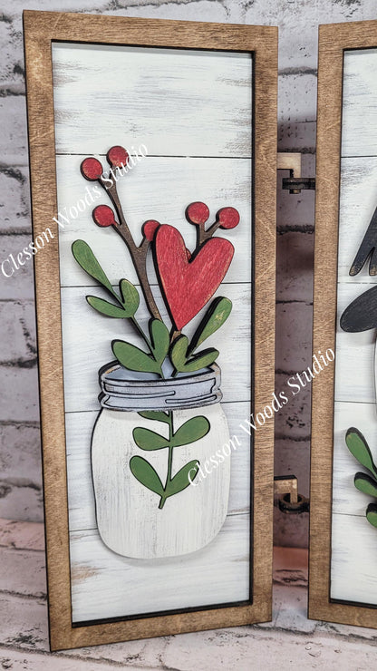 Primitive Sheep Mason Jars Hinged Wood Sign Trio