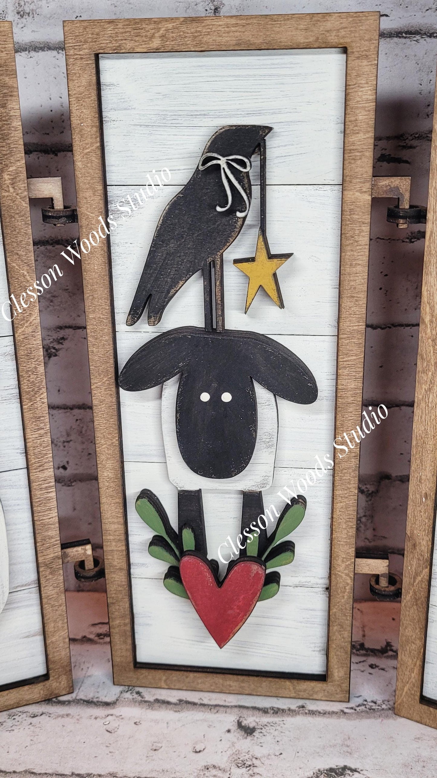 Primitive Sheep Mason Jars Hinged Wood Sign Trio