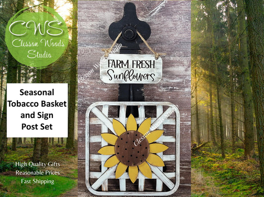Sunflower Set Black Stand Tobacco Basket Sign Post and Sign