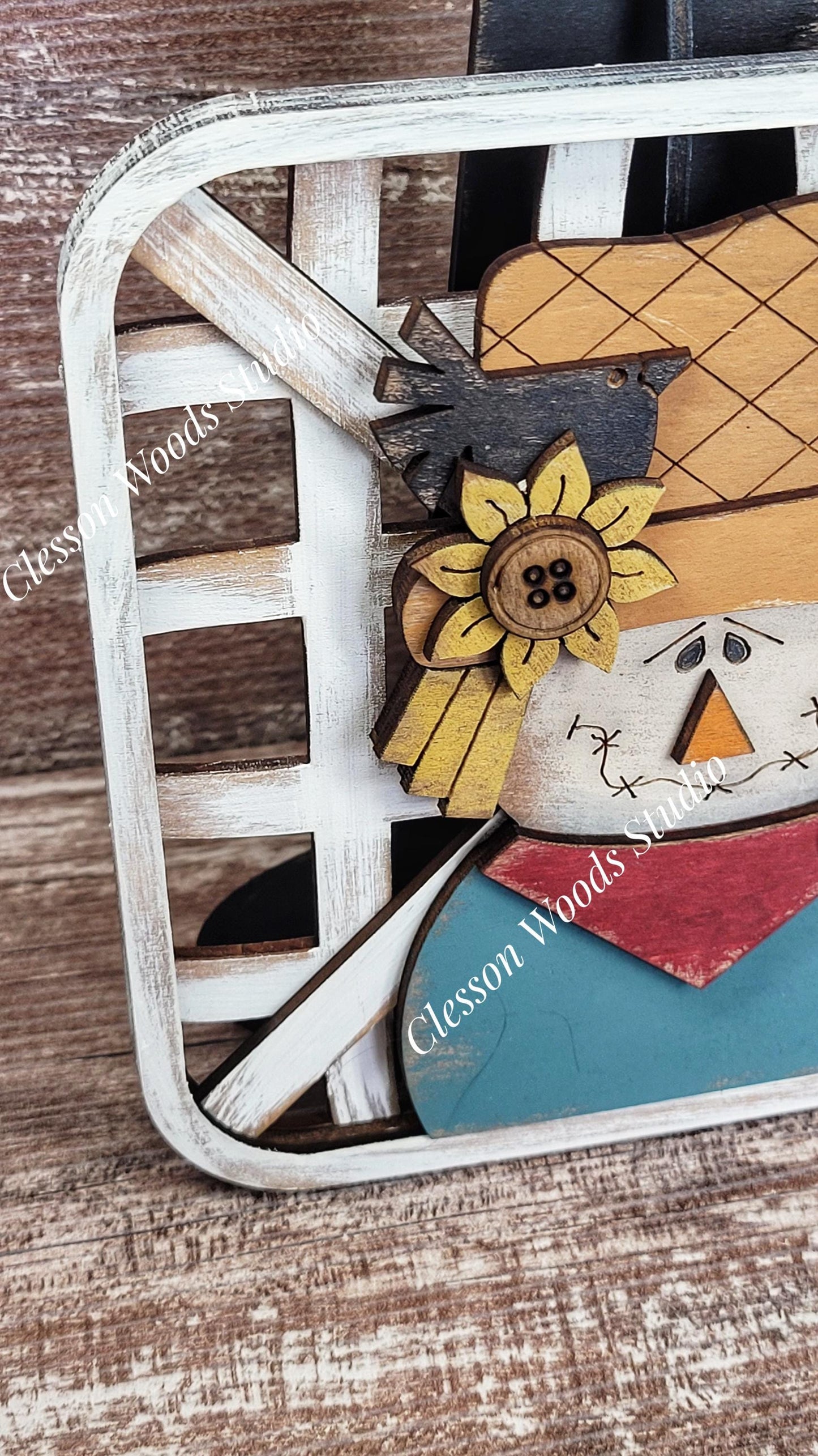 Hello Autumn Scarecrow Set Black Stand Tobacco Basket Sign Post and Sign