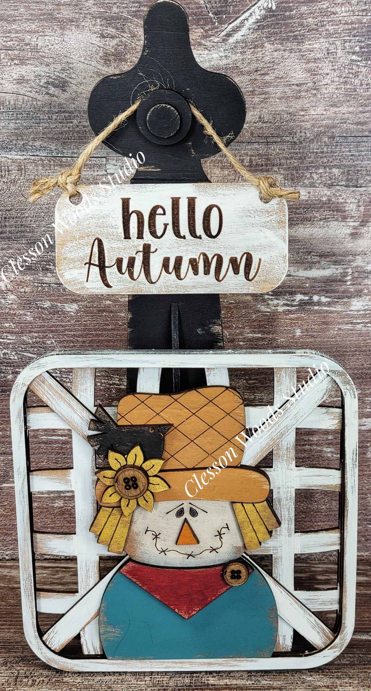 Hello Autumn Scarecrow Set Black Stand Tobacco Basket Sign Post and Sign