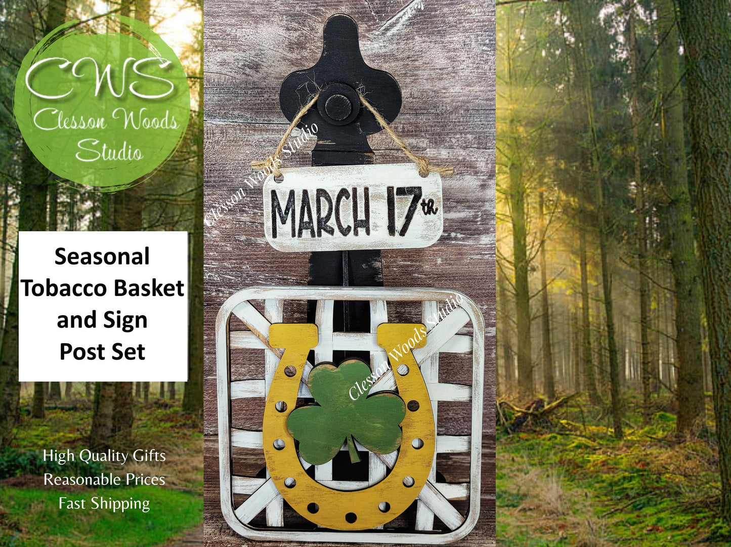 St. Patrick's Day Horseshoe Set Black Stand Tobacco Basket Sign Post and Sign