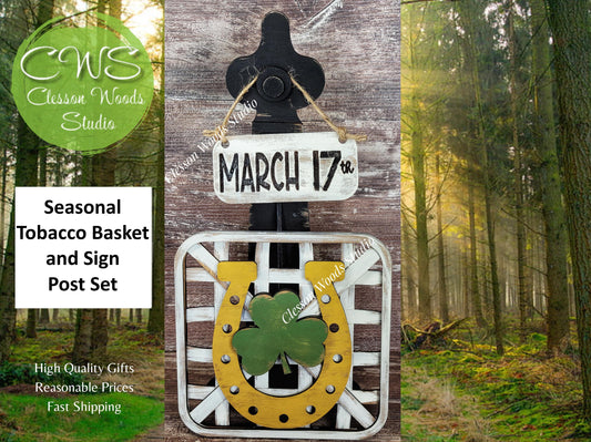 St. Patrick's Day Horseshoe Set Black Stand Tobacco Basket Sign Post and Sign