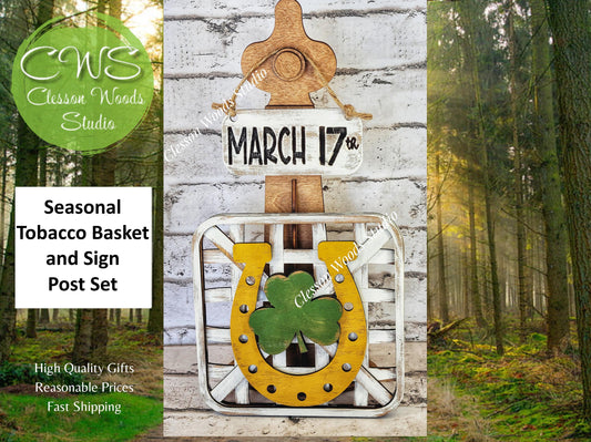 St. Patrick's Day Horseshoe Set Stained Stand Tobacco Basket Sign Post and Sign