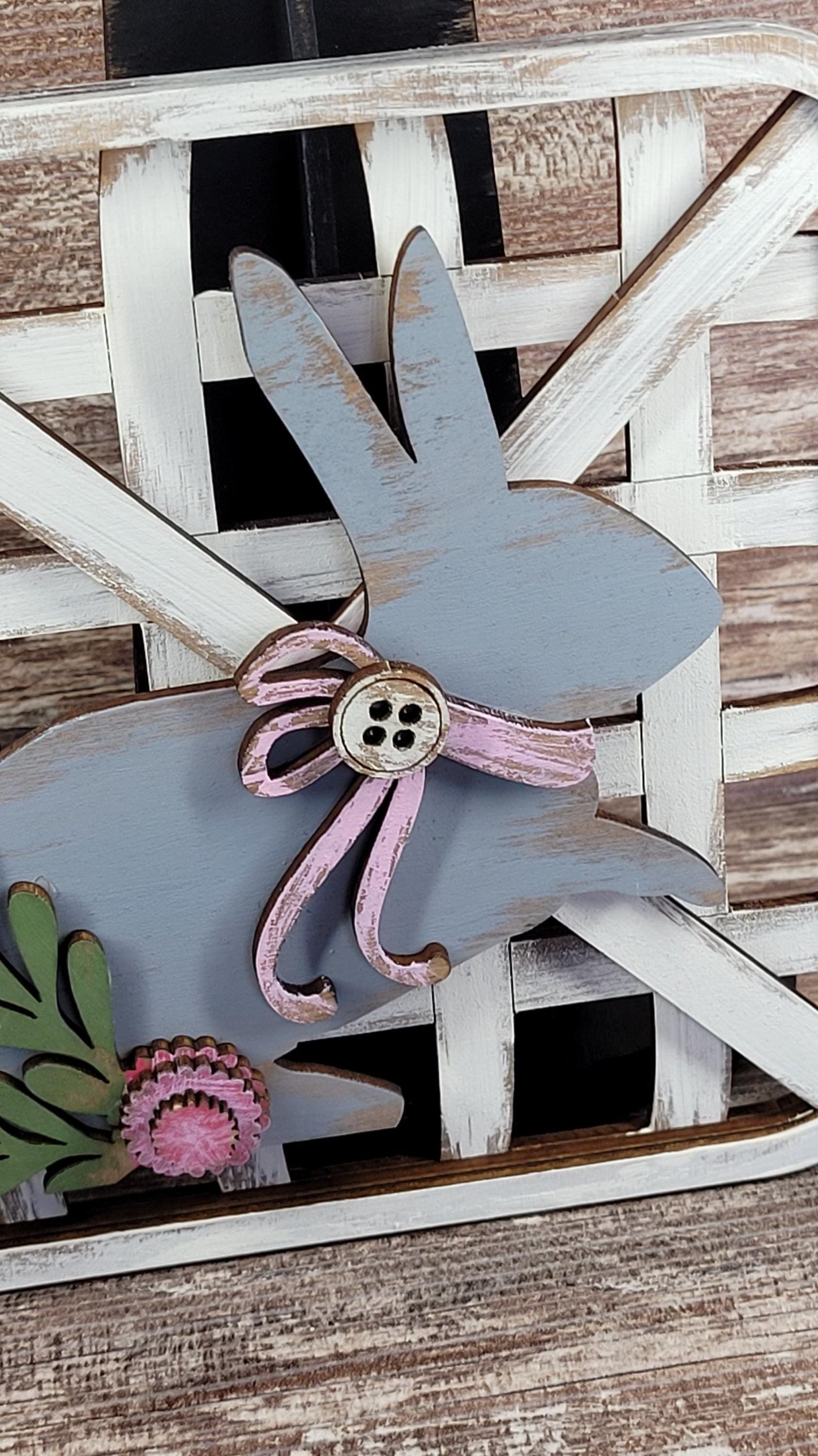 Hello Spring Bunny Set Stained Stand Tobacco Basket Sign Post and Sign