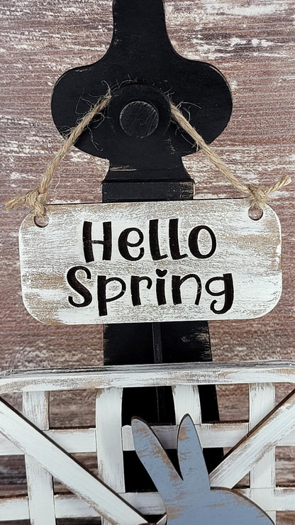 Hello Spring Bunny Set Stained Stand Tobacco Basket Sign Post and Sign