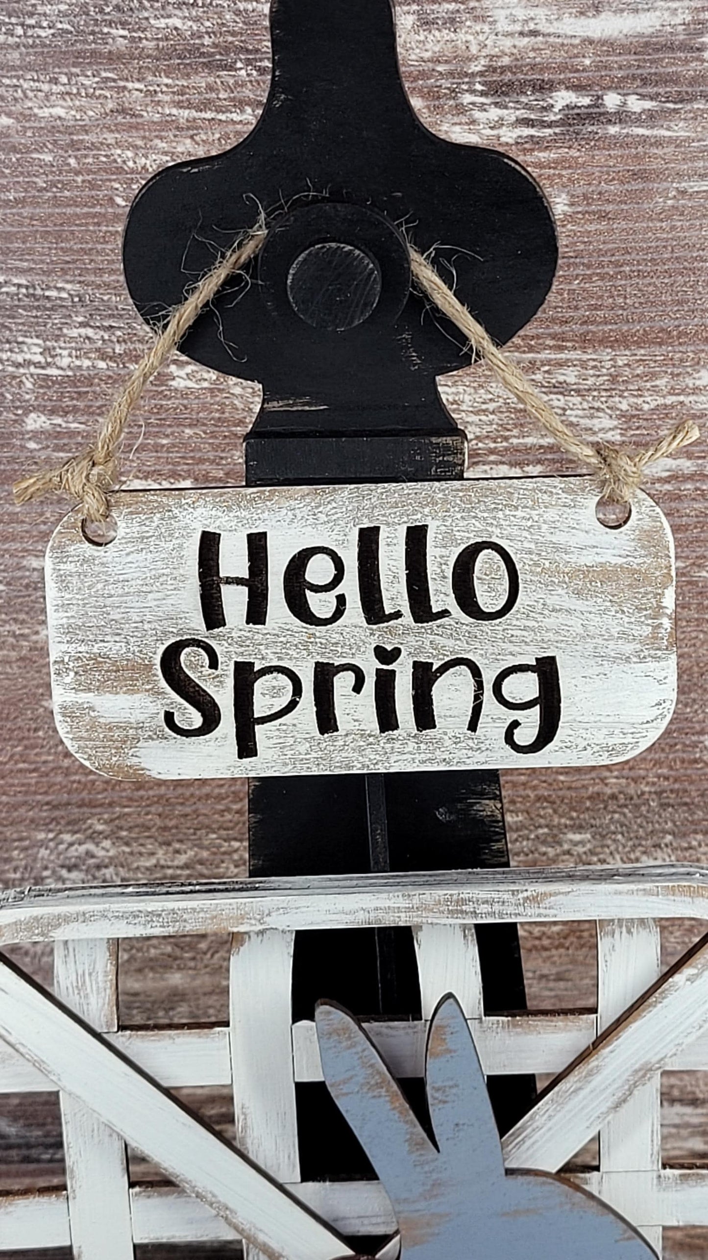 Hello Spring Bunny Set Black Stand Tobacco Basket Sign Post and Sign