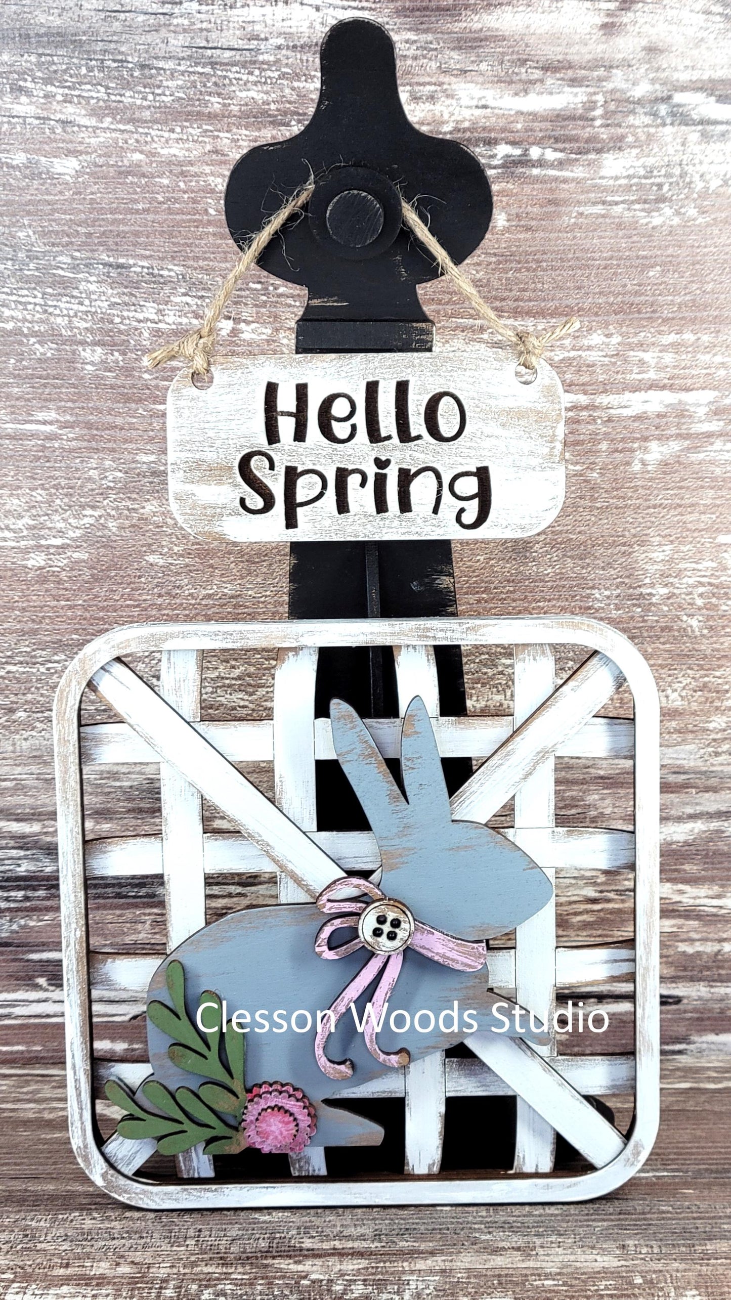 Hello Spring Bunny Set Black Stand Tobacco Basket Sign Post and Sign