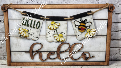 Hello Bee - Seasonal Interchangeable Banner Set for Fence & Framed Welcome and Hello Signs