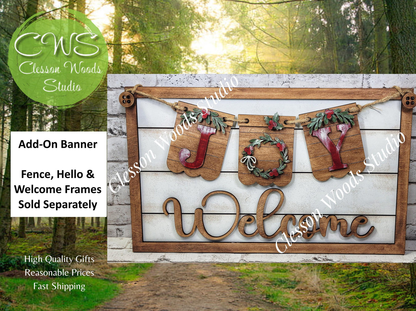 Christmas Wreath Joy - Seasonal Interchangeable Banner Set for Fence & Framed Welcome and Hello Signs