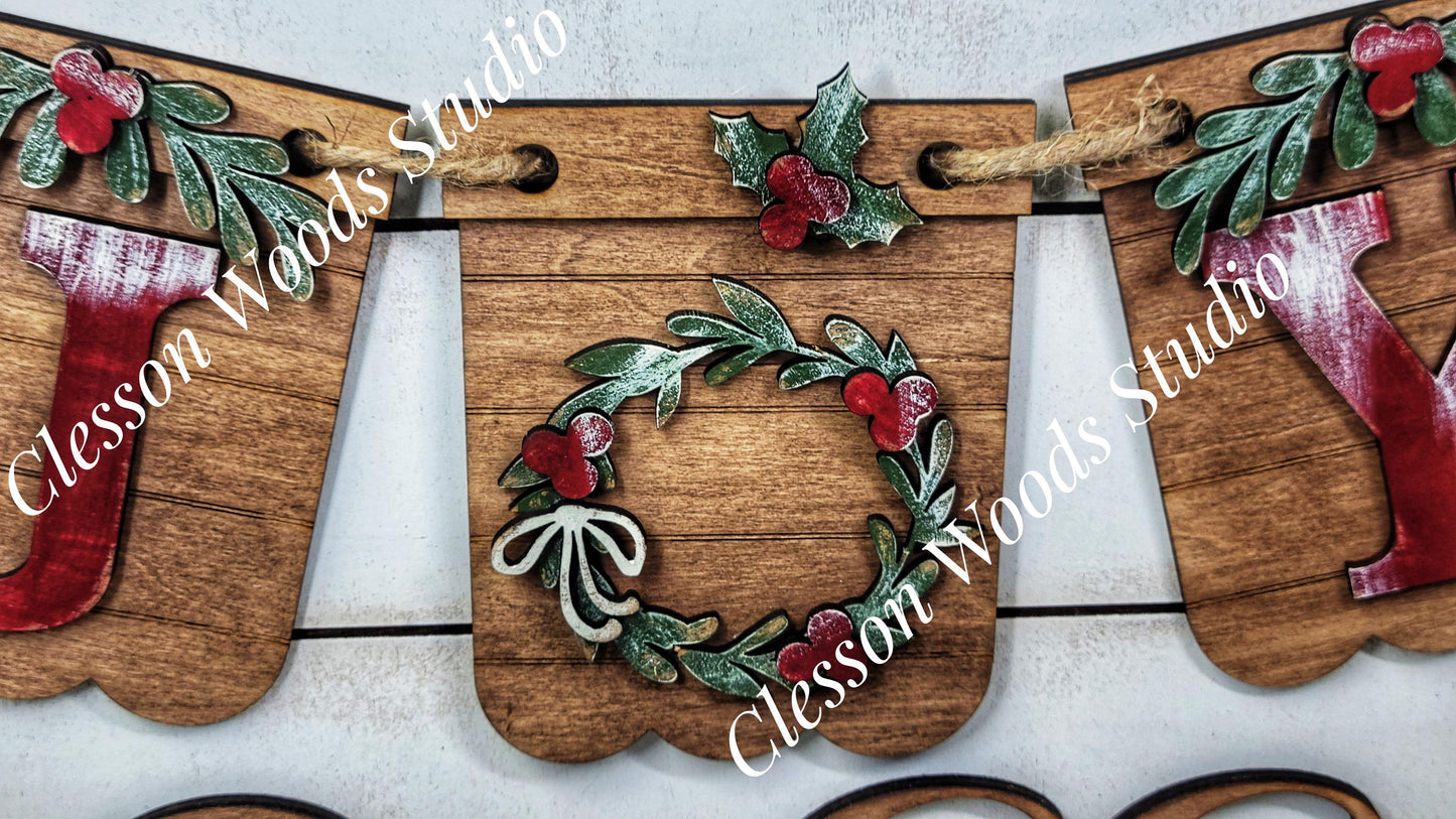 Christmas Wreath Joy - Seasonal Interchangeable Banner Set for Fence & Framed Welcome and Hello Signs