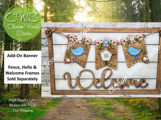 Spring Birdhouse Bluebird- Seasonal Interchangeable Banner Set for Fence & Framed Welcome and Hello Signs