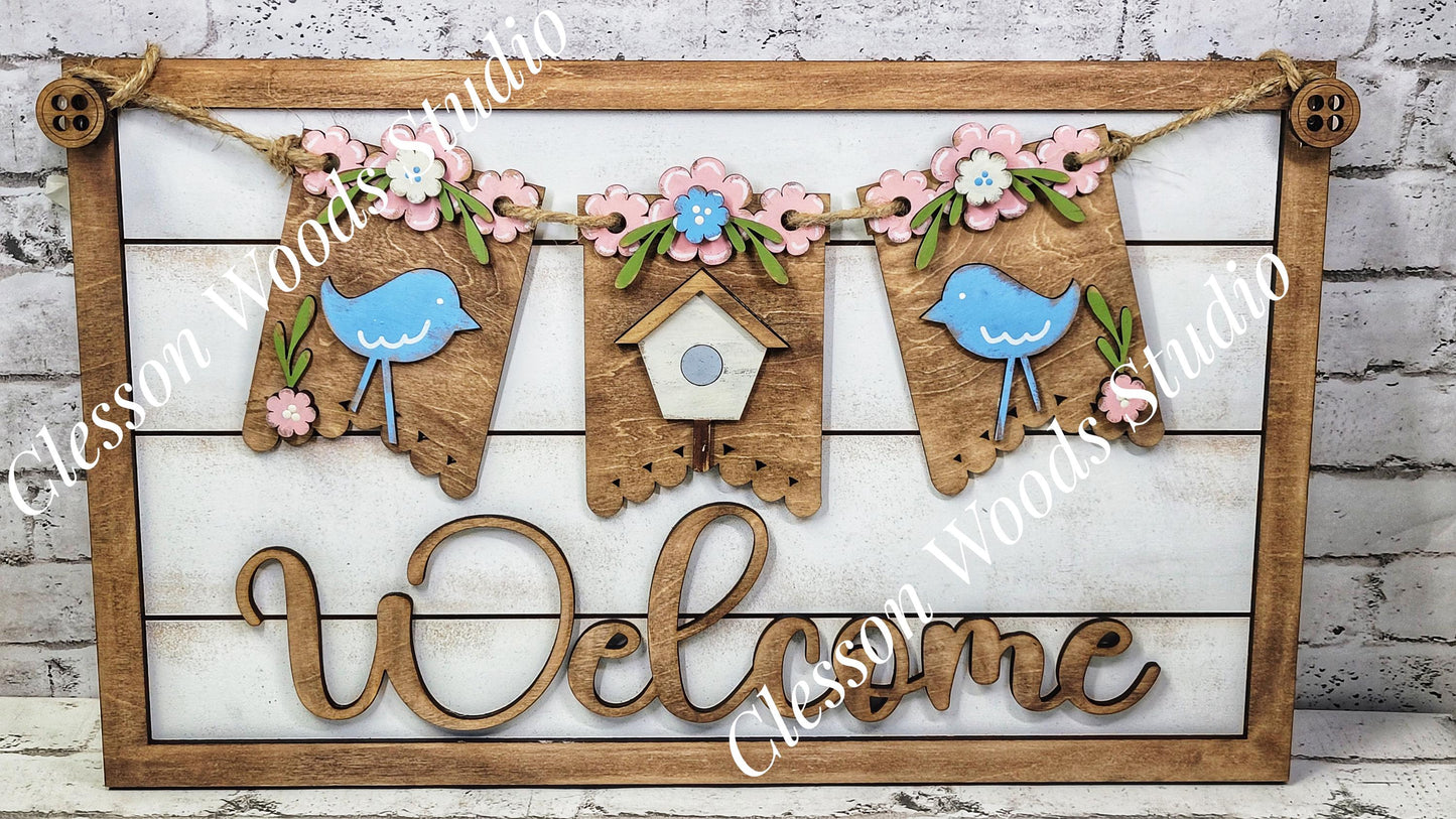 Spring Birdhouse Bluebird- Seasonal Interchangeable Banner Set for Fence & Framed Welcome and Hello Signs
