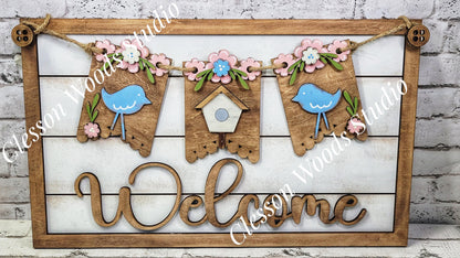 Spring Birdhouse Bluebird- Seasonal Interchangeable Banner Set for Fence & Framed Welcome and Hello Signs