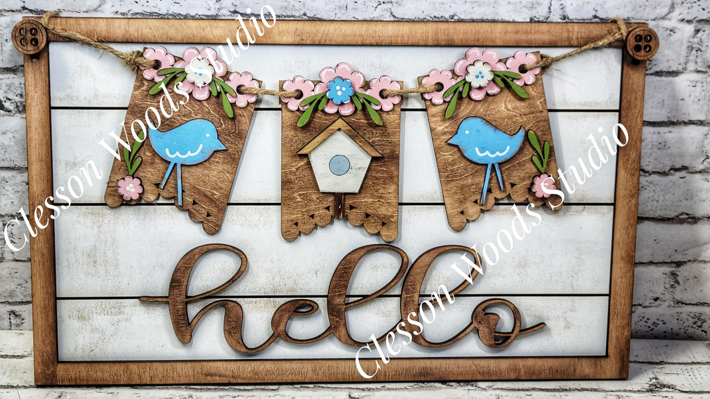 Spring Birdhouse Bluebird- Seasonal Interchangeable Banner Set for Fence & Framed Welcome and Hello Signs