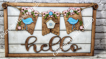 Spring Birdhouse Bluebird- Seasonal Interchangeable Banner Set for Fence & Framed Welcome and Hello Signs