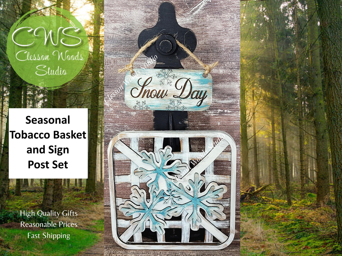 Snow Day Snowflake Set Black Stand Tobacco Basket Sign Post and Sign