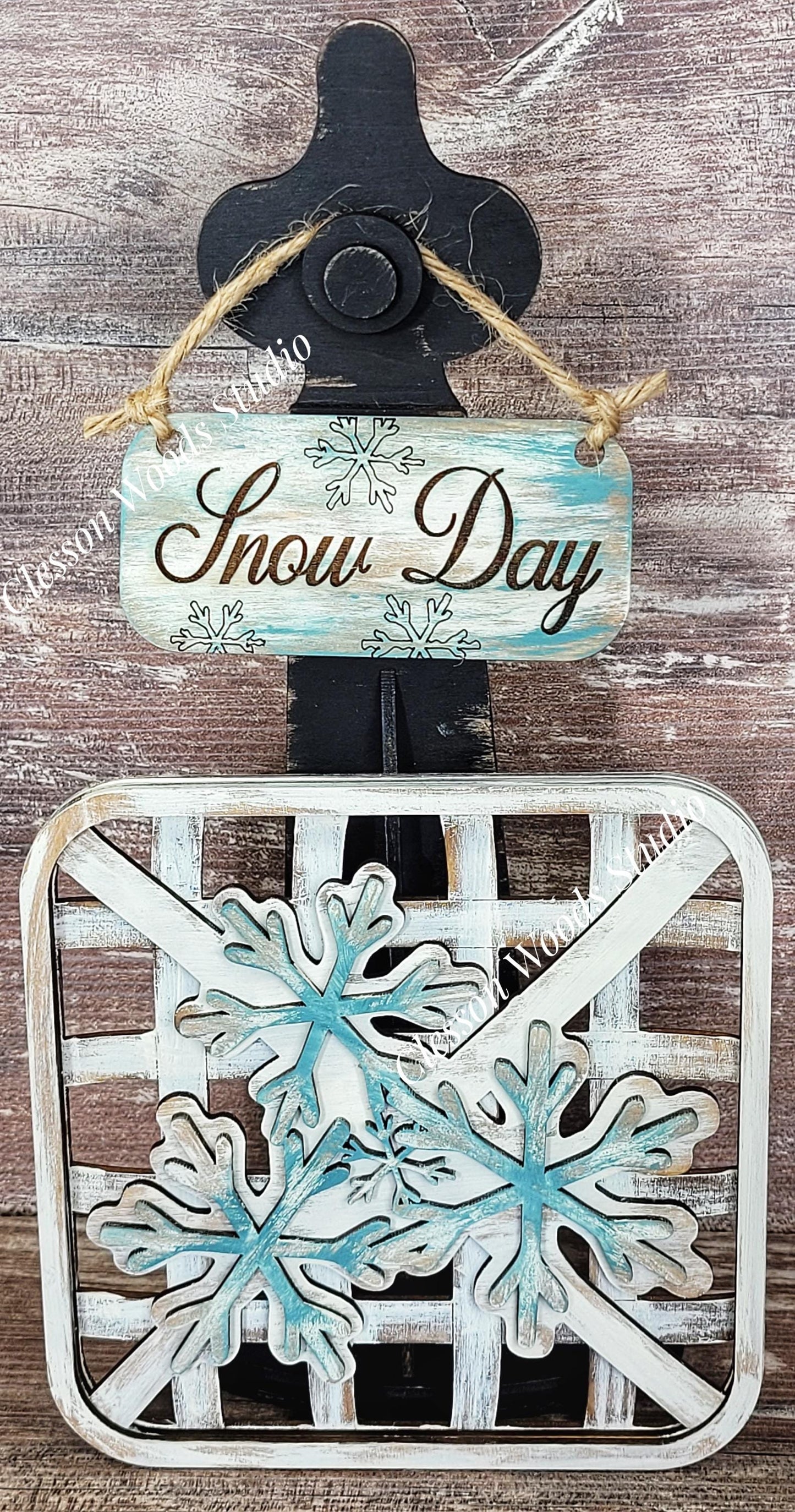 Snow Day Snowflake Set Black Stand Tobacco Basket Sign Post and Sign