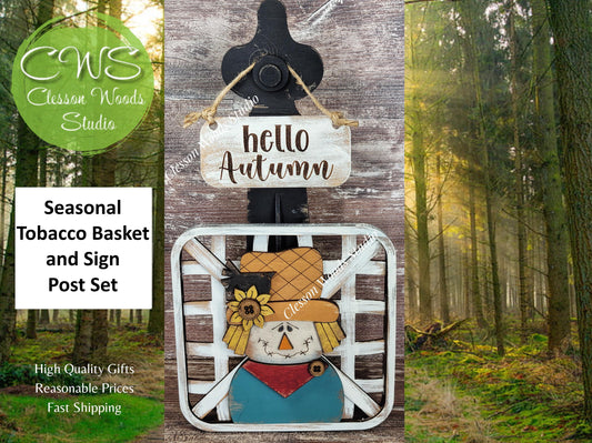 Hello Autumn Scarecrow Set Black Stand Tobacco Basket Sign Post and Sign