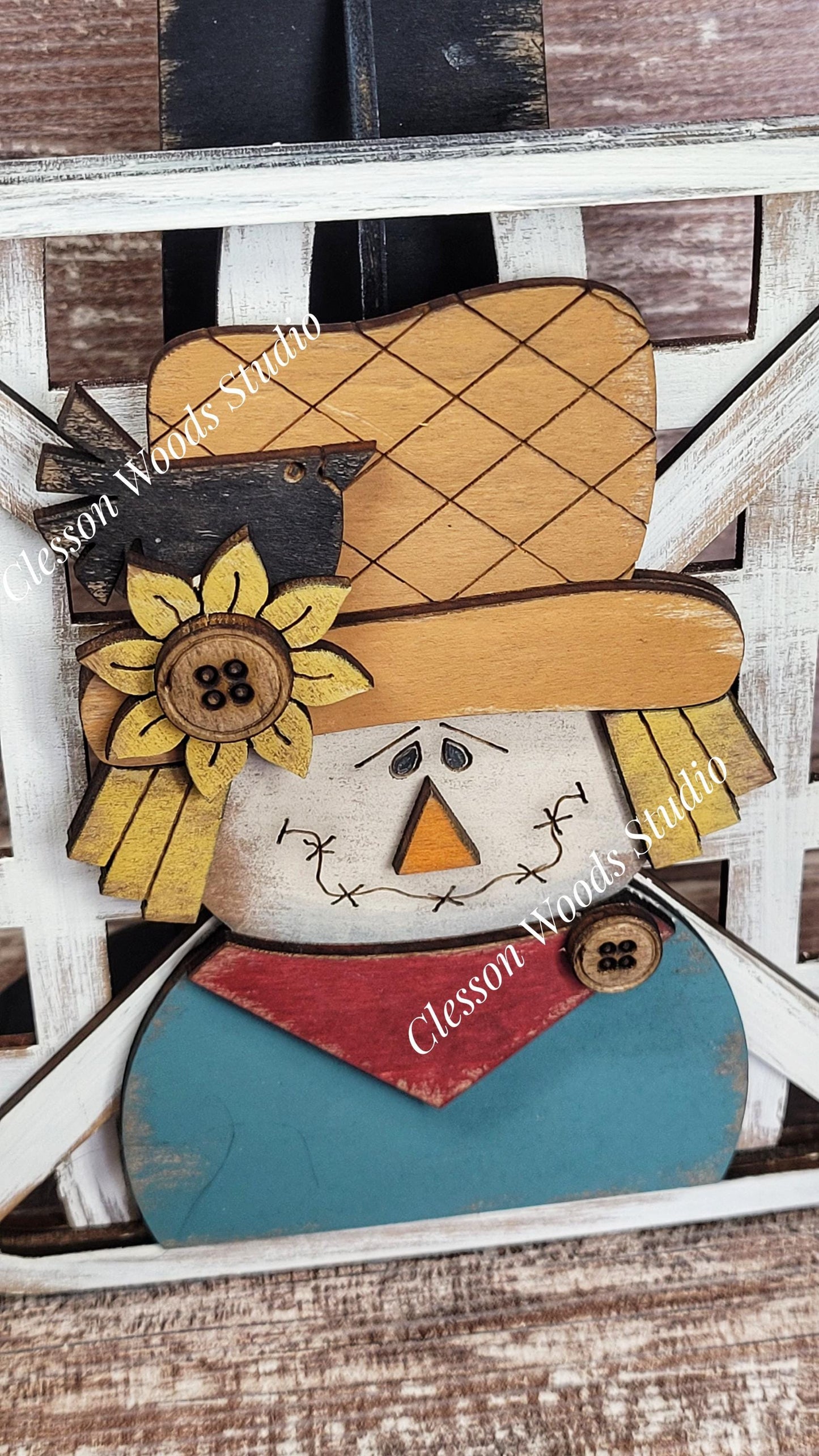 Hello Autumn Scarecrow Set Black Stand Tobacco Basket Sign Post and Sign
