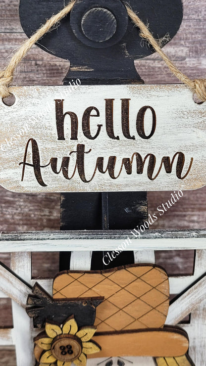 Hello Autumn Scarecrow Set Black Stand Tobacco Basket Sign Post and Sign