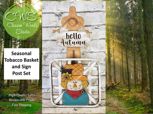 Hello Autumn Scarecrow Set Stained Stand Tobacco Basket Sign Post and Sign