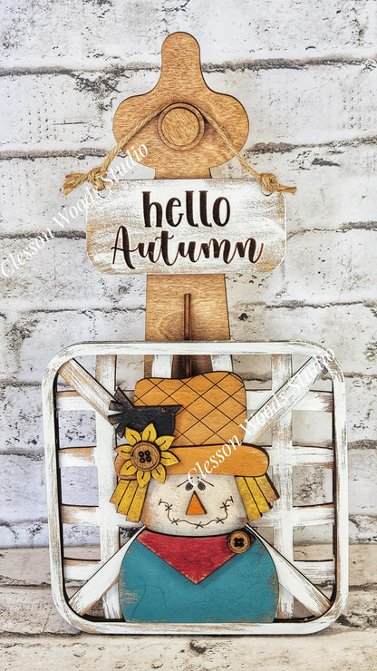 Hello Autumn Scarecrow Set Stained Stand Tobacco Basket Sign Post and Sign